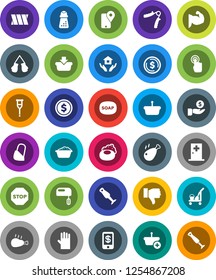 White Solid Icon Set- soap vector, cleaner trolley, foam basin, rubber glove, house hold, hand mill, blender, chicken leg, dollar coin, investment, trainer, muscule, boxing, traking, touchscreen