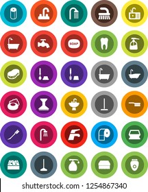 White Solid Icon Set- soap vector, water tap, fetlock, mop, sponge, car, bath, toilet brush, liquid, paper, shower, sink, tooth, epilator