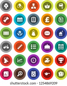 White Solid Icon Set- soap vector, towel, washer, house hold, hand mill, mixer, cereal, ruler, award cup, graph, money search, calendar, pound, bike, pills, clock, wood box, satellite antenna, menu