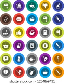 White Solid Icon Set- soap vector, foam basin, hand mill, mixer, blender, chicken leg, investment, boxing glove, traking, cargo, finger up, down, crutches, bandage, medical room, stop, basket