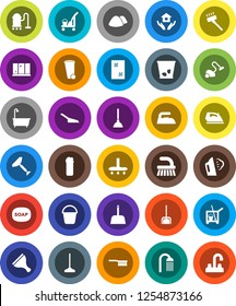 White Solid Icon Set- soap vector, plunger, scraper, cleaner trolley, vacuum, fetlock, mop, scoop, bucket, trash bin, window cleaning, iron, steaming, bath, agent, shining, house hold, shower