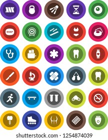 White Solid Icon Set- soap vector, toaster, buttocks, boxing glove, swimsuite, roller Skates, skateboard, target, heart monitor, stairways run, shuttlecock, no smoking, weight, ambulance star, vial