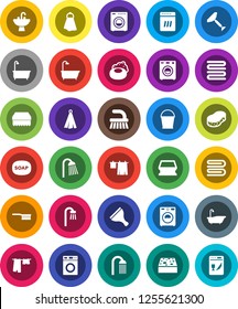 White Solid Icon Set- soap vector, scraper, fetlock, bucket, sponge, towel, bath, drying clothes, washer, shower, sink, dishwasher