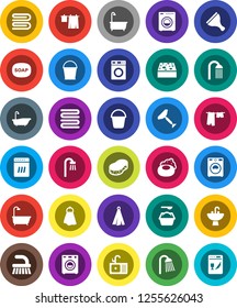 White Solid Icon Set- soap vector, scraper, fetlock, bucket, sponge, towel, bath, drying clothes, washer, washing powder, shower, sink, dishwasher