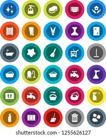 White Solid Icon Set- soap vector, plunger, cleaner trolley, broom, vacuum, mop, scoop, clothespin, sponge, trash bin, water tap, car fetlock, shining, window cleaning, splotch, welcome mat, bath