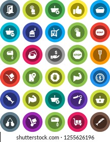 White Solid Icon Set- soap vector, cleaner trolley, foam basin, hand mill, mixer, blender, dollar coin, investment, trainer, muscule, boxing glove, traking, cargo, touchscreen, finger up, crutches