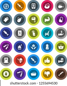 White Solid Icon Set- soap vector, cleaner trolley, foam basin, rubber glove, house hold, hand mill, mixer, blender, chicken leg, dollar coin, investment, trainer, muscule, cargo, touchscreen, down