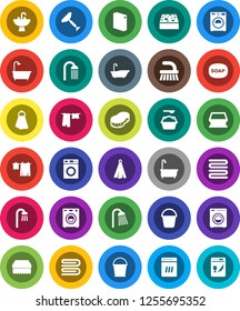 White Solid Icon Set- soap vector, scraper, fetlock, bucket, sponge, towel, bath, drying clothes, washer, washing powder, shower, sink, dishwasher