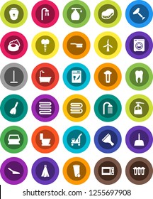 White Solid Icon Set- soap vector, scraper, cleaner trolley, broom, fetlock, mop, scoop, sponge, towel, trash bin, toilet, liquid, shower, microwave oven, tooth, implant, windmill, bath, washer