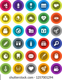 White Solid Icon Set- soap vector, toaster, potato, scales, heart pulse, stadium, stopwatch, weight, punching bag, buttocks, pills, water bottle, calendar, shuttlecock, monitor, thermometer, vial