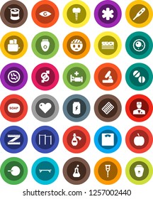 White Solid Icon Set- soap vector, toaster, microscope, diet, measuring, scales, horizontal bar, skateboard, sports nutrition, enegry drink, breads, heart, ambulance star, doctor, thermometer, flask