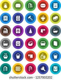 White Solid Icon Set- soap vector, scraper, fetlock, bucket, sponge, towel, bath, drying clothes, washer, washing powder, shower, sink, dishwasher
