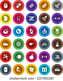 White Solid Icon Set- soap vector, diet, barbell, measuring, scales, pills vial, bike, weight, jump rope, buttocks, snickers, target, medal, enegry drink, molecule, breads, shuttlecock, pool, flask