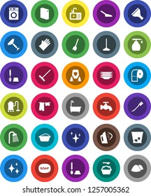 White Solid Icon Set- soap vector, scraper, broom, vacuum cleaner, mop, rake, scoop, trash bin, water tap, car fetlock, shining, steaming, bath, drying clothes, toilet brush, washer, foam basin