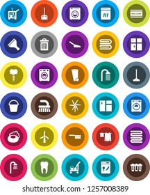 White Solid Icon Set- soap vector, scraper, cleaner trolley, fetlock, mop, scoop, bucket, towel, trash bin, window cleaning, welcome mat, drying clothes, washer, shining, shower, tooth, implant