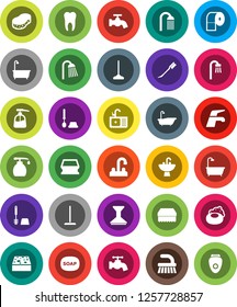White Solid Icon Set- soap vector, water tap, fetlock, mop, sponge, car, bath, toilet brush, liquid, paper, shower, sink, tooth, epilator