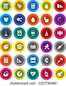 White Solid Icon Set- soap vector, mop, towel, water drop, toilet, meat hammer, corner ruler, calculator, pie graph, man, cent sign, sorting, antenna, social media, speaker, rca, jack, heart cross