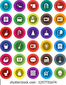 White Solid Icon Set- soap vector, cleaner trolley, broom, fetlock, mop, scoop, bucket, sponge, towel, welcome mat, toilet, drying clothes, washer, liquid, paper, shower, microwave oven, windmill