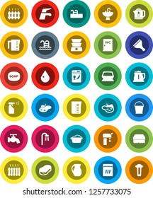 White Solid Icon Set- soap vector, scraper, water tap, bucket, sponge, drop, foam basin, sprayer, closet, sink, kettle, measuring cup, jug, pool, pond, supply, bath, heating, dishwasher, filter