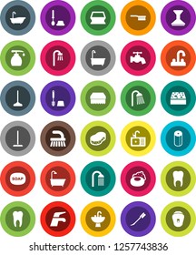 White Solid Icon Set- soap vector, water tap, fetlock, mop, sponge, car, bath, toilet brush, liquid, paper, shower, sink, tooth, epilator
