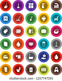 White Solid Icon Set- soap vector, plunger, cleaner trolley, broom, vacuum, fetlock, mop, scoop, rake, sponge, trash bin, water drop, welcome mat, iron, bath, toilet, drying clothes, washer, sprayer