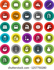 White Solid Icon Set- soap vector, water tap, fetlock, mop, sponge, car, bath, toilet brush, liquid, paper, shower, sink, tooth, epilator