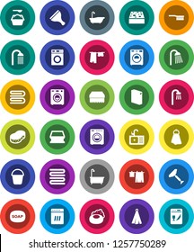 White Solid Icon Set- soap vector, scraper, fetlock, bucket, sponge, towel, bath, drying clothes, washer, washing powder, shower, sink, dishwasher