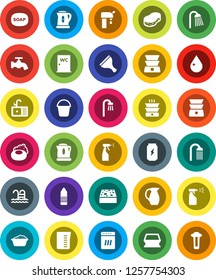 White Solid Icon Set- soap vector, scraper, bucket, sponge, water drop, tap, foam basin, sprayer, shower, closet, sink, kettle, measuring cup, double boiler, jug, enegry drink, bottle, pool, supply