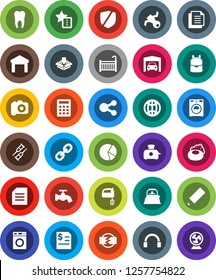 White Solid Icon Set- soap vector, water tap, washer, kettle, mixer, pencil, backpack, document, pie graph, annual report, satellite, warehouse, protected, camera, headphones, link, crutches, tooth