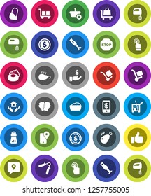 White Solid Icon Set- soap vector, cleaner trolley, foam basin, house hold, hand mill, mixer, blender, chicken leg, dollar coin, investment, trainer, boxing glove, traking, cargo, touchscreen, stop