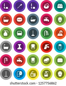 White Solid Icon Set- soap vector, water tap, mop, sponge, car fetlock, bath, toilet brush, liquid, paper, shower, sink, tooth, epilator