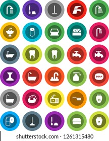 White Solid Icon Set- soap vector, water tap, fetlock, mop, sponge, car, bath, toilet brush, liquid, paper, shower, sink, tooth, epilator