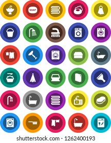 White Solid Icon Set- soap vector, scraper, fetlock, bucket, sponge, towel, bath, drying clothes, washer, washing powder, shower, sink, dishwasher