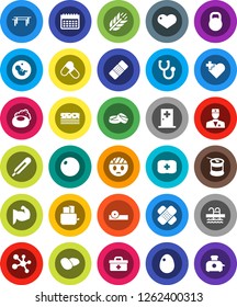 White Solid Icon Set- soap vector, toaster, egg, potato, horizontal bar, fitball, muscule hand, pills, sports nutrition, molecule, calendar, cereals, breads, pool, heart cross, first aid kit, weight