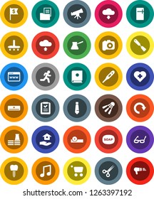 White Solid Icon Set- soap vector, vacuum cleaner, house hold, spatula, turk coffee, glasses, telescope, music, dollar flag, tie, shuttlecock, heart cross, run, camera, thermometer, scissors, redo