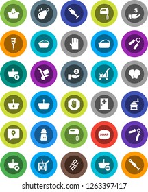 White Solid Icon Set- soap vector, cleaner trolley, foam basin, rubber glove, hand mill, mixer, blender, chicken leg, investment, trainer, boxing, traking, crutches, medical room, stop, basket