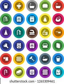 White Solid Icon Set- soap vector, scraper, fetlock, bucket, sponge, towel, bath, drying clothes, washer, washing powder, shower, sink, dishwasher
