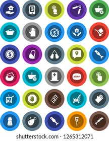 White Solid Icon Set- soap vector, cleaner trolley, foam basin, rubber glove, house hold, hand mill, blender, chicken leg, dollar coin, trainer, boxing, traking, cargo, touchscreen, crutches, stop