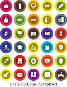 White Solid Icon Set- soap vector, sprayer, cleaning agent, sink, pan, colander, cook hat, double boiler, pencil, presentation, heart monitor, navigator, oil barrel, rec button, dna, syringe, shield