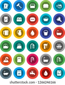 White Solid Icon Set- soap vector, scraper, bucket, sponge, water drop, tap, bath, foam basin, shower, closet, kettle, measuring cup, jug, enegry drink, pool, pond, supply, dishwasher