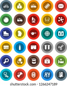 White Solid Icon Set- soap vector, toaster, microscope, scales, bike, punching bag, fitball, buttocks, shorts, roller Skates, target, pills, sports nutrition, molecule, stadium, doctor, vial