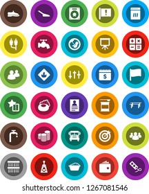 White Solid Icon Set- soap vector, scoop, water tap, foam basin, school bus, presentation, personal information, flag, exam, wallet, coin stack, dollar calendar, horizontal bar, snickers, attention