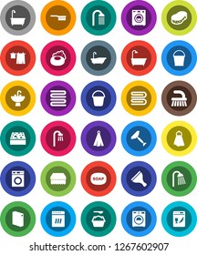 White Solid Icon Set- soap vector, scraper, fetlock, bucket, sponge, towel, bath, drying clothes, washer, washing powder, shower, sink, dishwasher