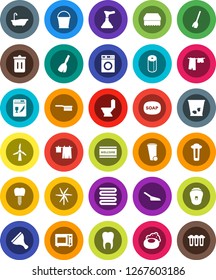 White Solid Icon Set- soap vector, plunger, scraper, broom, fetlock, scoop, bucket, sponge, trash bin, welcome mat, bath, toilet, drying clothes, washer, paper, towel, microwave oven, tooth, implant