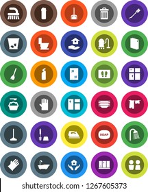 White Solid Icon Set- soap vector, broom, vacuum cleaner, fetlock, mop, scoop, trash bin, car, window cleaning, welcome mat, iron, bath, toilet, drying clothes, brush, washing powder, agent, plates