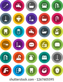 White Solid Icon Set- soap vector, water tap, fetlock, mop, sponge, car, bath, toilet brush, liquid, paper, shower, sink, tooth, epilator