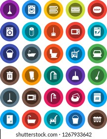 White Solid Icon Set- soap vector, plunger, cleaner trolley, broom, mop, scoop, bucket, sponge, towel, trash bin, window cleaning, welcome mat, bath, toilet, washer, paper, shower, microwave oven