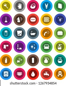 White Solid Icon Set- soap vector, plunger, vacuum cleaner, clothespin, sponge, towel, trash bin, water drop, tap, shining, steaming, bath, drying clothes, toilet brush, washer, washing powder