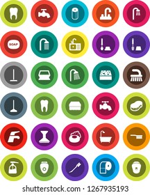 White Solid Icon Set- soap vector, water tap, fetlock, mop, sponge, car, toilet brush, liquid, paper, shower, sink, tooth, bath, epilator