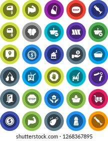 White Solid Icon Set- soap vector, cleaner trolley, foam basin, house hold, hand mill, mixer, blender, chicken leg, dollar coin, investment, trainer, muscule, boxing glove, traking, cargo, bandage